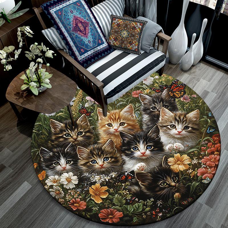 Kittens in Flowers Round Area Rug,Carpet Rug for Living Room Bedroom Sofa Playroom Decor,Non-slip Floor Mat