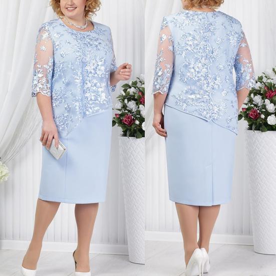 Floral Lace Mother of the Bride Dress Plus Size Midi Party Dress with Sheer Half Sleeves