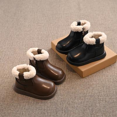 Kinderen Prinsessenschoenen met Bont Zachte Zool Antislip Meisjes Korte Laarzen met Zijrits 2024 Winter Nieuwe Mode Kinderen Enkellaars Warm