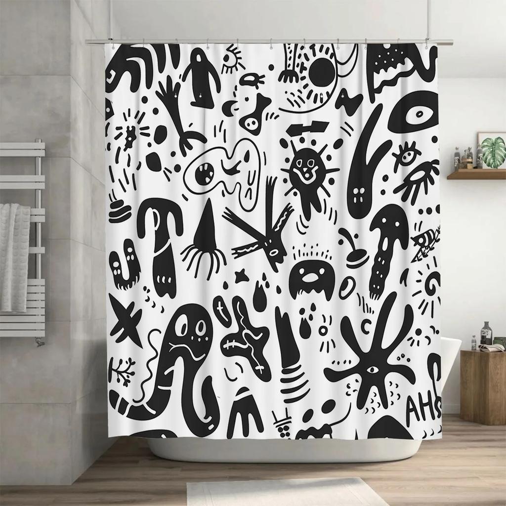 Black White Monster Print Shower Curtain Creative Bathroom Decor for Kids Bathrooms, this product fits well with keywords like