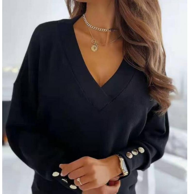 2023 Women's Solid Color V-Neck Knitwear with Cuff Button Top