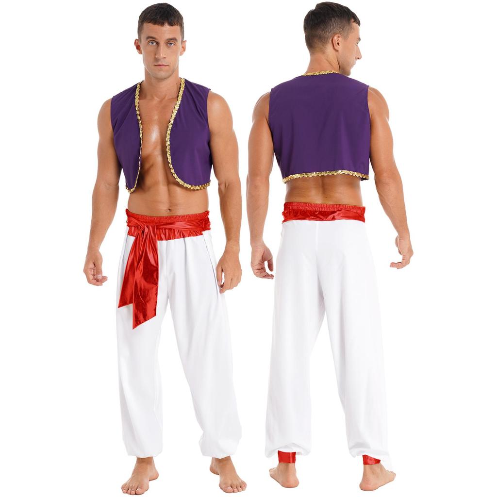 Men Halloween Arabian Prince Clothes Waistcoat Tops with Belt Bloomers Pants Fancy Dress Ball Outfits