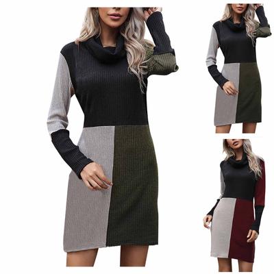 Women's Autumn Long Sleeve Turtleneck Knit Patchwork Bottoming Sweater Dress
