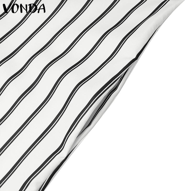 VONDA Women Turn Down Collar Casual Long Sleeve Striped Baggy Maxi Long Dress