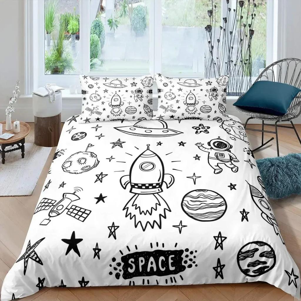 Rocket Spaceship Comfortable Duvet Quilt Cover Pillowcase Bedding Set Children Bedroom Decoration Home Textile