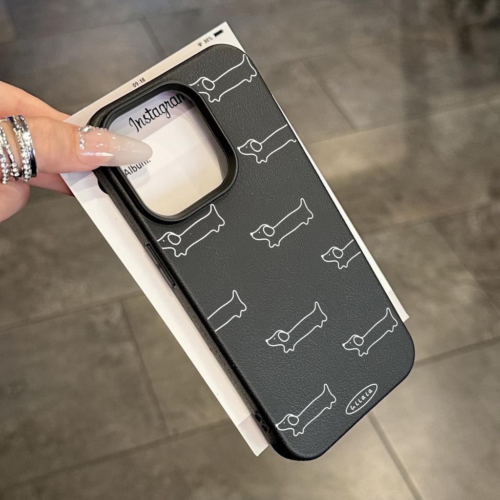 Simple Lines Full Screen Dachshund Dog Suitable for Apple 16  Promax Mobile Phone Case 14 Leather Pattern Protective Case