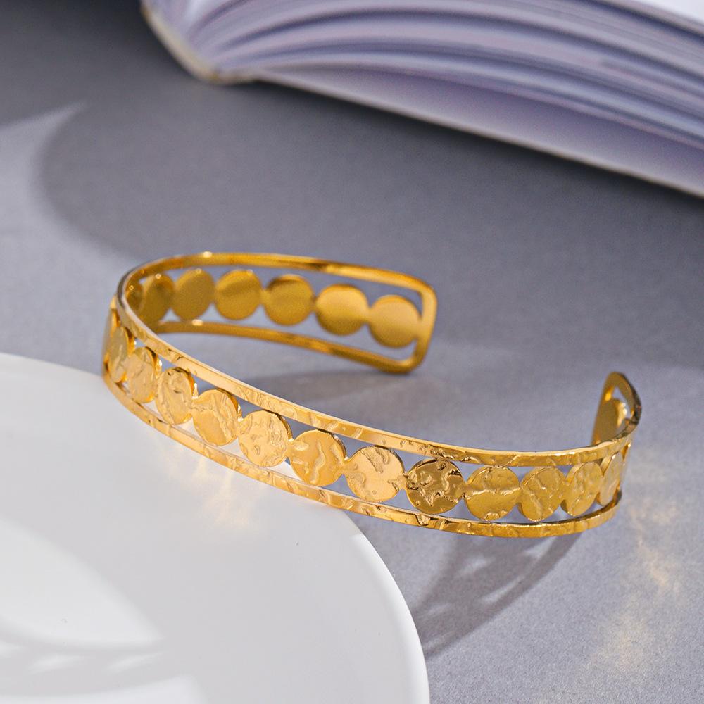 Three Layer C Shape Open Bracelet With 14K Gold Disc Accents Titanium Steel Bangle Fashion Ins Jewelry