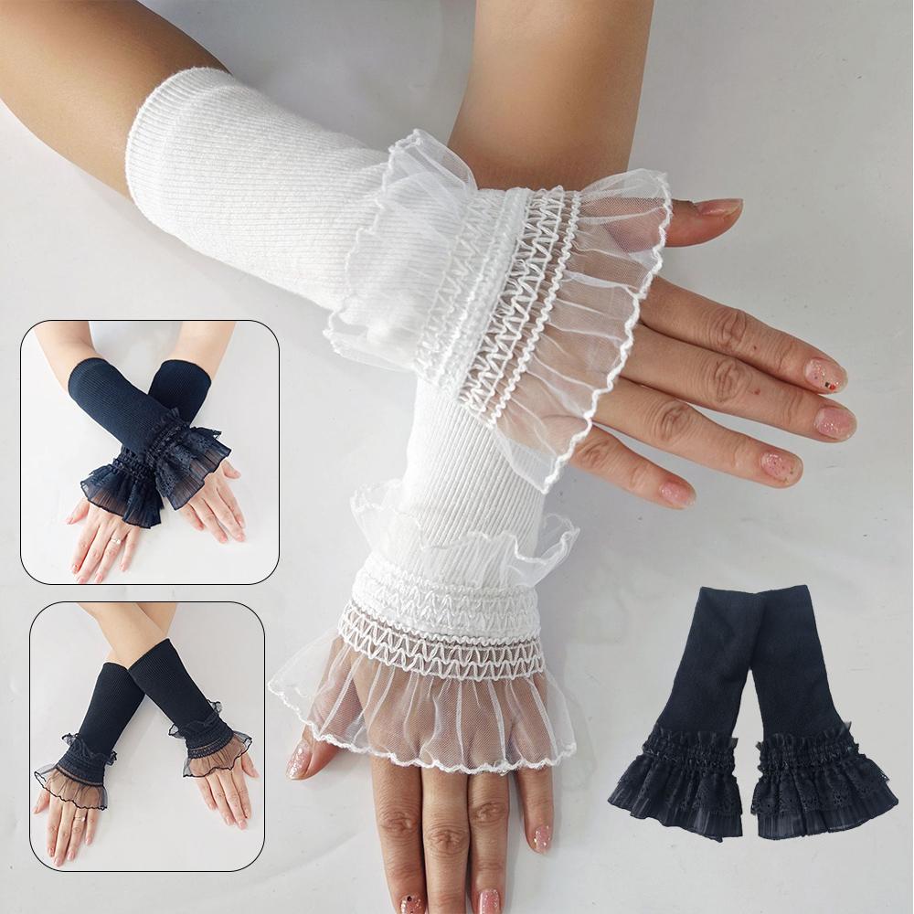 Women Long Elastic Arm Sleeve Lace Knitting Wrist Cuffs Winter Warm Comfort Soft Mittens  False Cuffs Sweater Decor