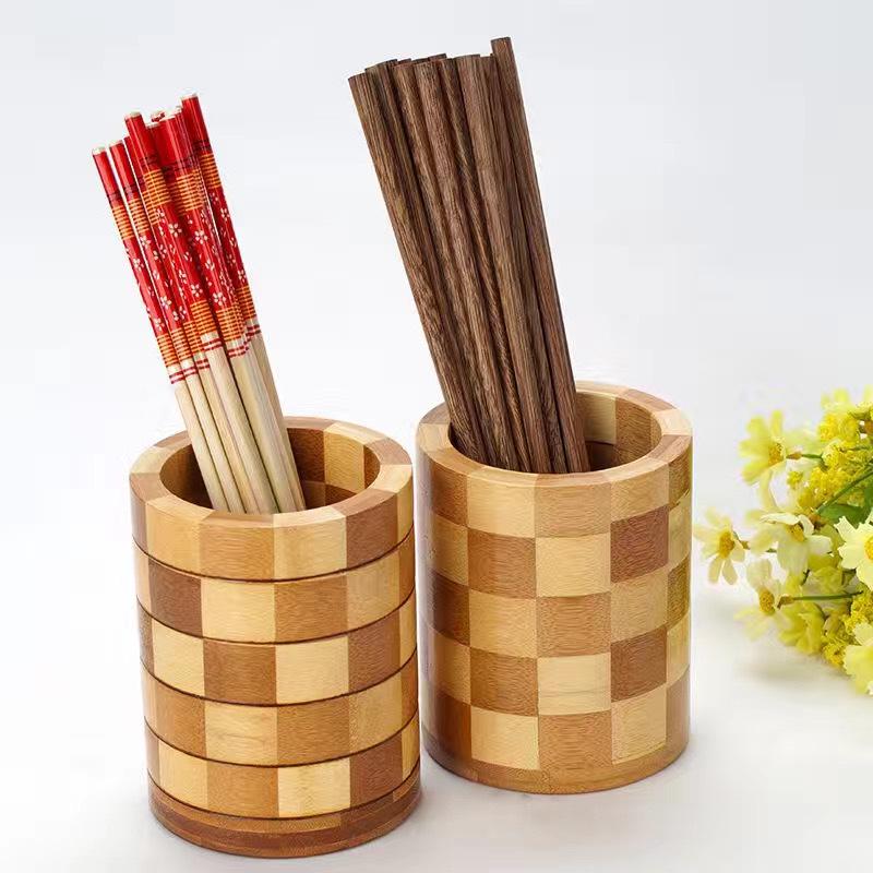 Round Wooden Chopstick Holder - Engraved Logo Utensil Storage Box for Home and Restaurant Dining