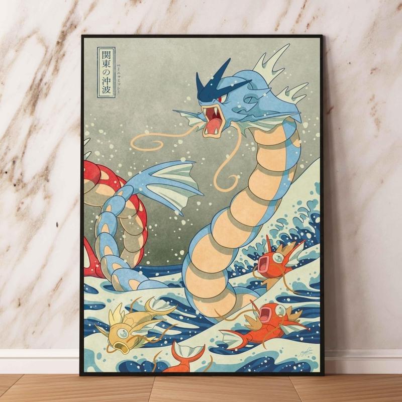 

Japanese Anime Pokemon Ukiyo-E Wall Art Charizard Gyarados Wave Design Frameless Poster for Living Room Decor 21X30CMNo Framed