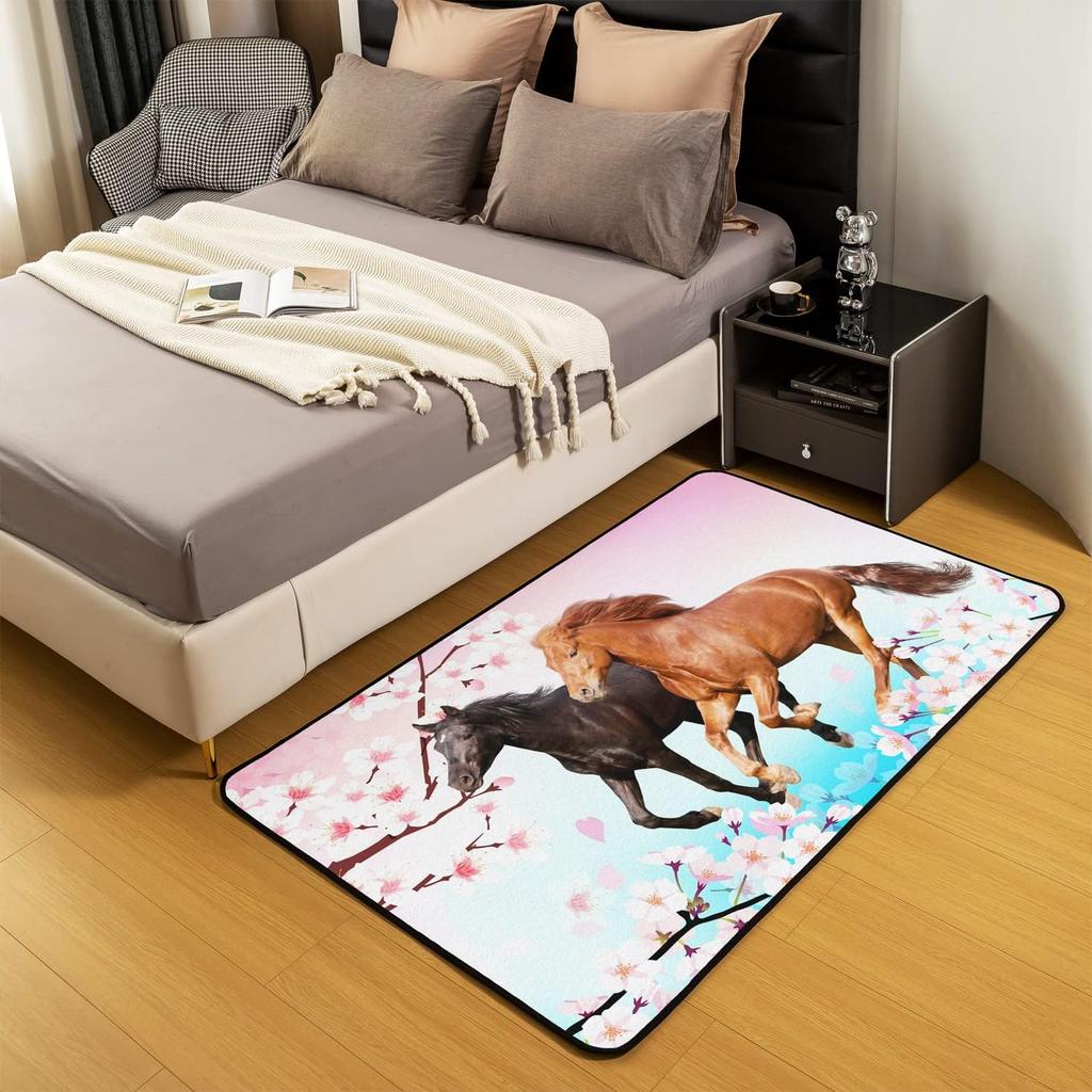 Galloping Horse Area Rug Soft Cherry Blossom Carpet for Bedroom & Living Room, Non-Slip Kids/Teens Decor Floor Mat