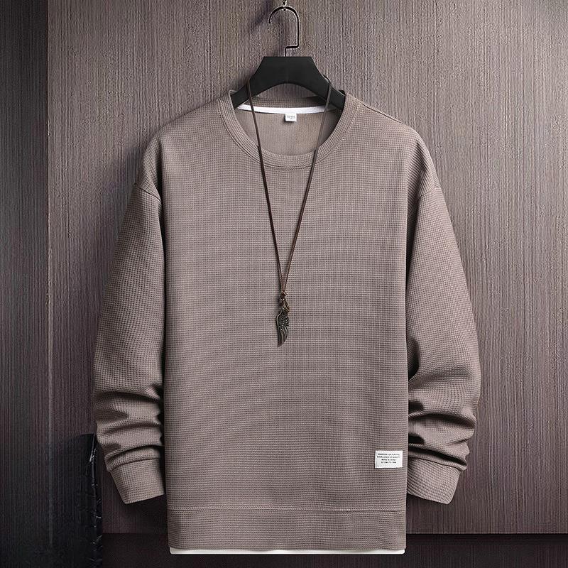 Fake Two Pieces Long-sleeved Embroidery Round Neck Loose and Too Large Casual Pullover Explosive Sweater Men's Solid Color
