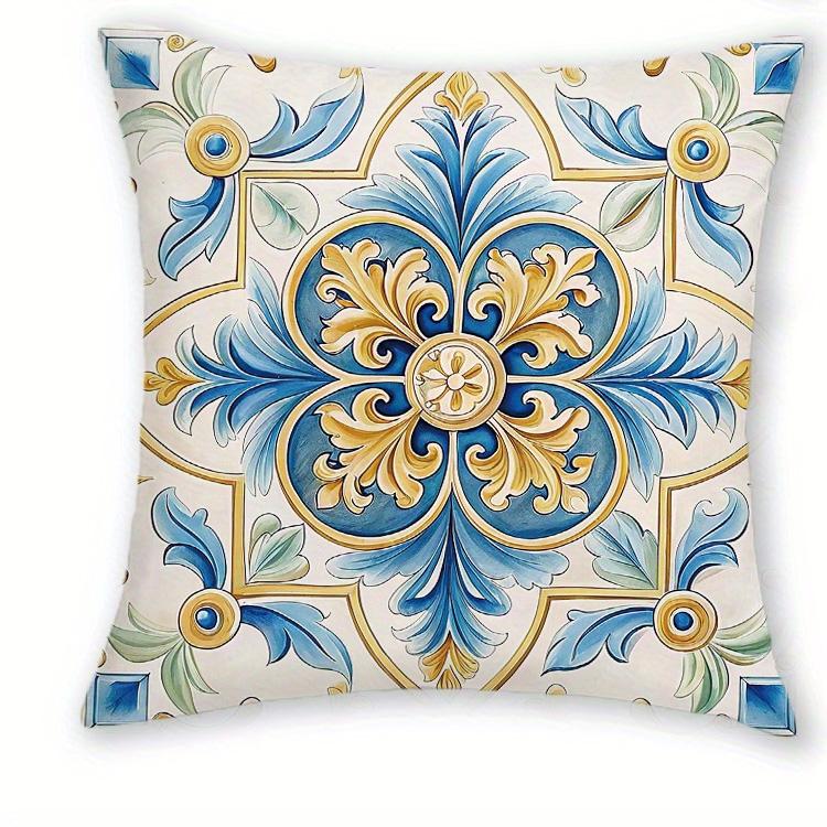 

1/4pcs Bohemian Blue Gold Floral Tile Throw Pillow Covers Vintage Mediterranean Style Cushion Cases for Home Sofa Bedroom Decor 45x45cm-1pcs