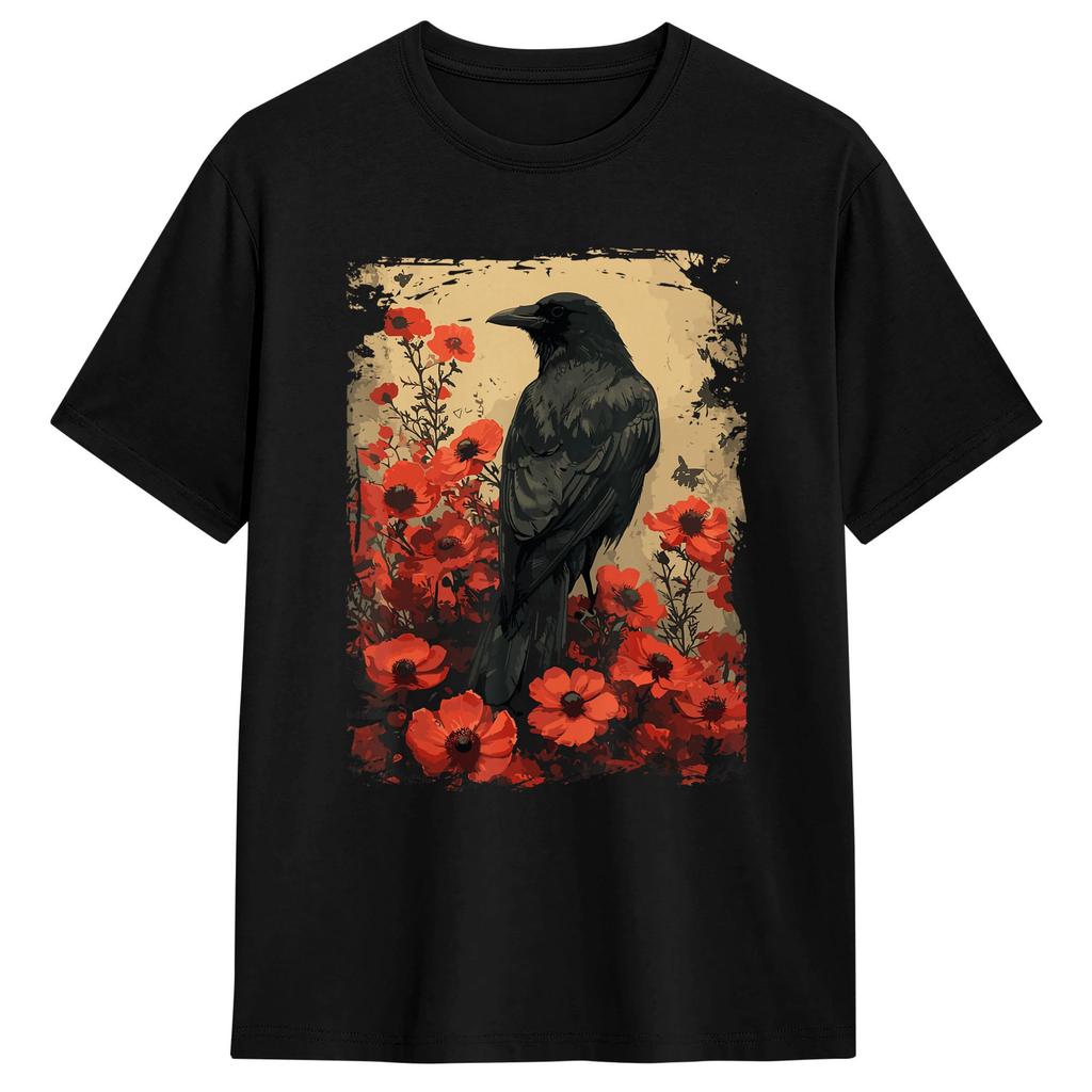 Raven Full Moon Gothic Witchy Crow Roses Men T Shirts Vintage Tee Shirt Short Sleeve O Neck T-Shirt Cotton Classic Clothes