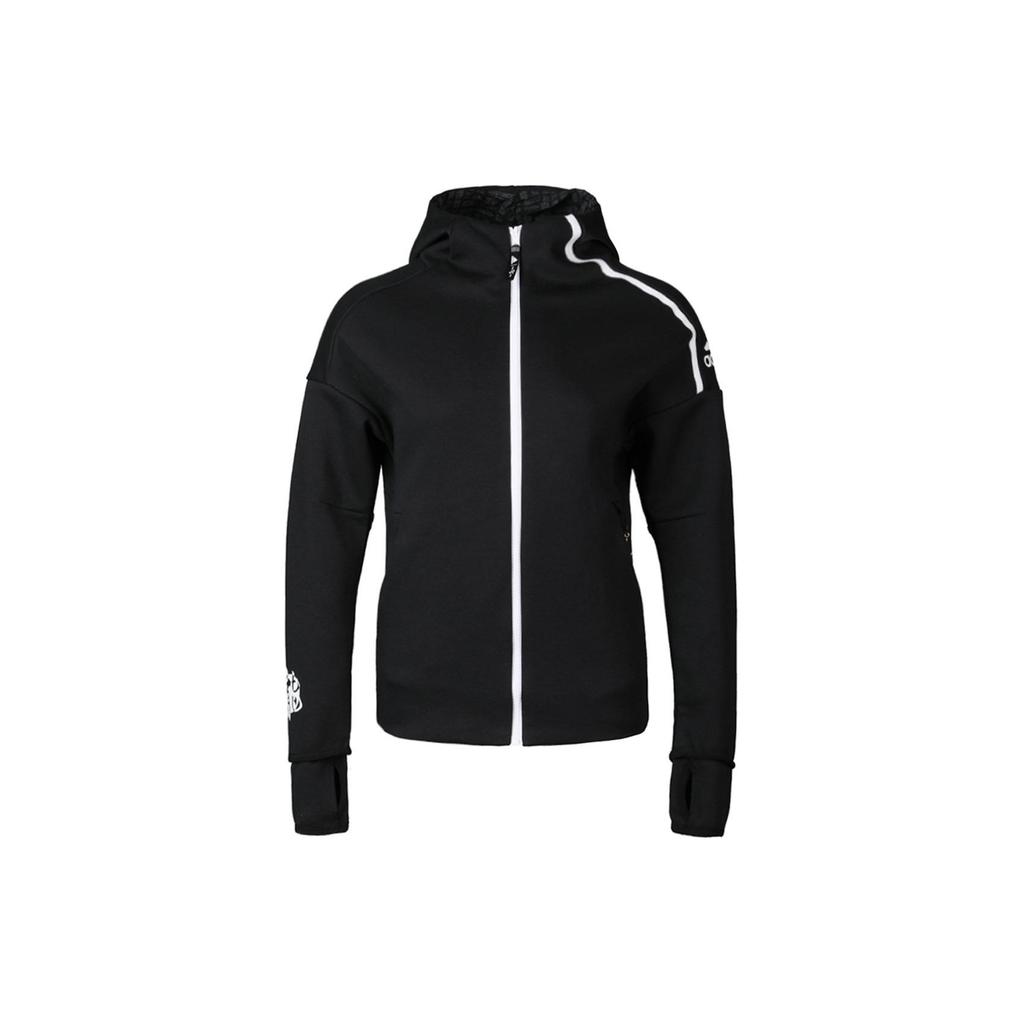 adidas Women's Black Logo Print Long Sleeve Zip Hooded Jacket EA2103