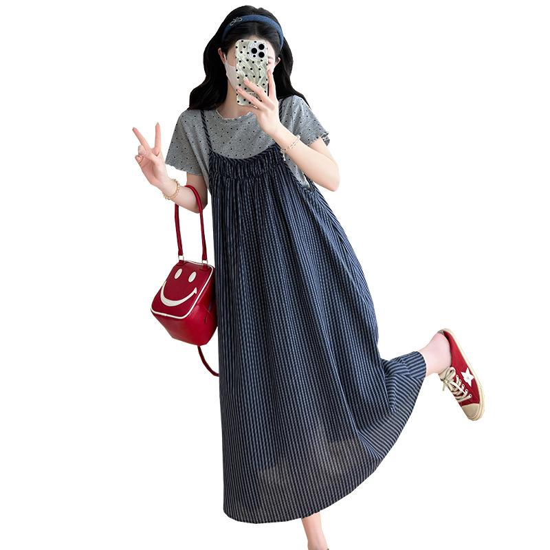 Korean Maternity Set: Polka Dot Cotton Tee + Striped Suspender Dress