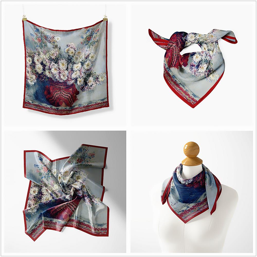 53CM Silk Scarf Woman Floral Painting Square Scarves Wraps Bandana Small Hijab Foulards Tie Headband Neckerchief