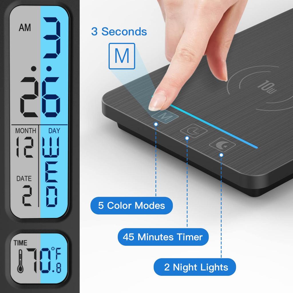 10W Mobile Phone Wireless Charging Desk Lamp Dimmable with Display Perpetual Calendar Alarm Clock Night Light Eye Protection