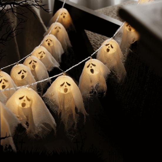 LED Duchové světelný řetěz Ručně vyrobená svítící halloweenská látková duchová girlanda na párty, strašidelný dům, krb, dekorace na verandu