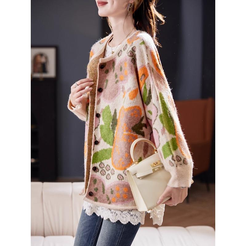 DIMANAF 2025 Flower Sweaters Cardigan Autumn Women Print O-Neck Sweaters Knitting Loose Orange Sweater