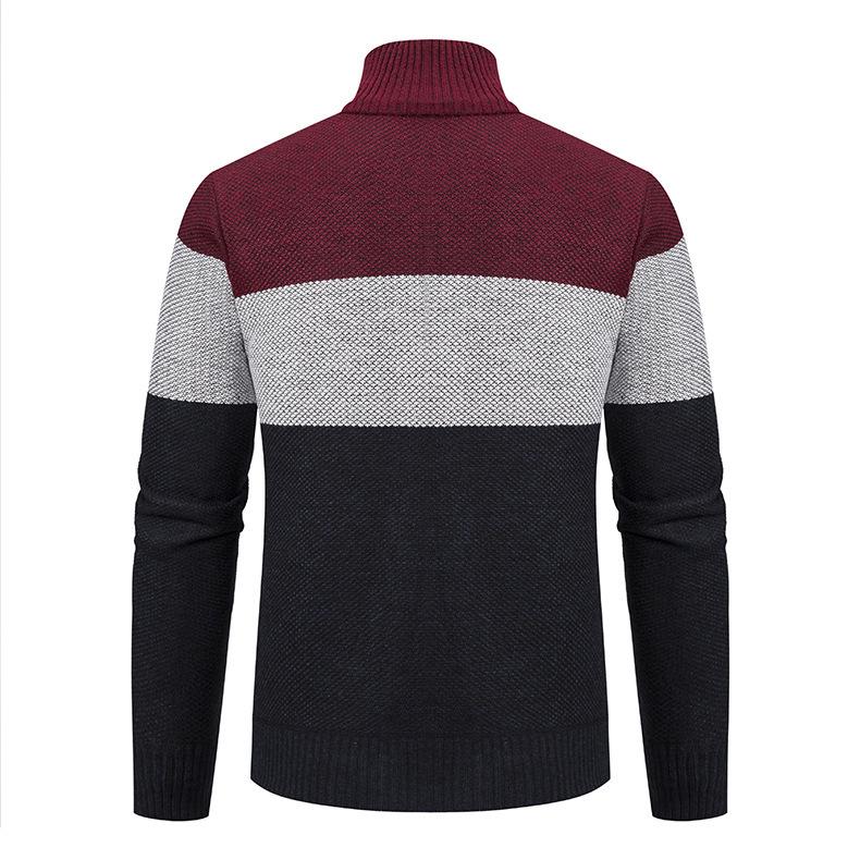 Men's Color Block Velvet-Lined Knit Cardigan with Stand Collar for Fall/Winter