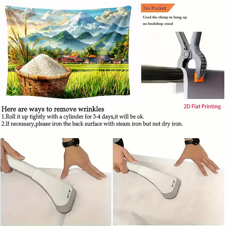 2D Countryside Rice Tapestry, Rural Farm Scene with Mount Fuji and Rice