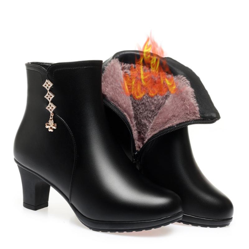 Comfort Fashion Soft Leather Winter Shoes Women's Thick Plush Snow Boots Elegant Black Block High Heels Ankle Office Mom Boots