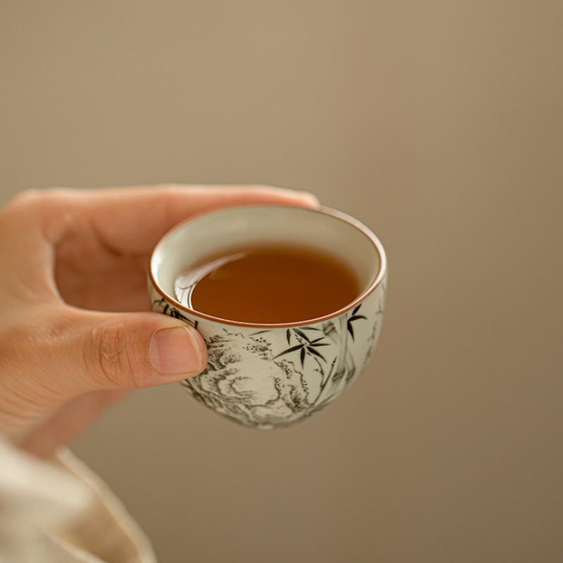 60ml Ru Kiln Ink Bamboo Tea Cup Boutique Gracked Glaze Master Cup Small Tasting Mug Tea Bowl Tea Pair Meditation Cup Teaware 1pc