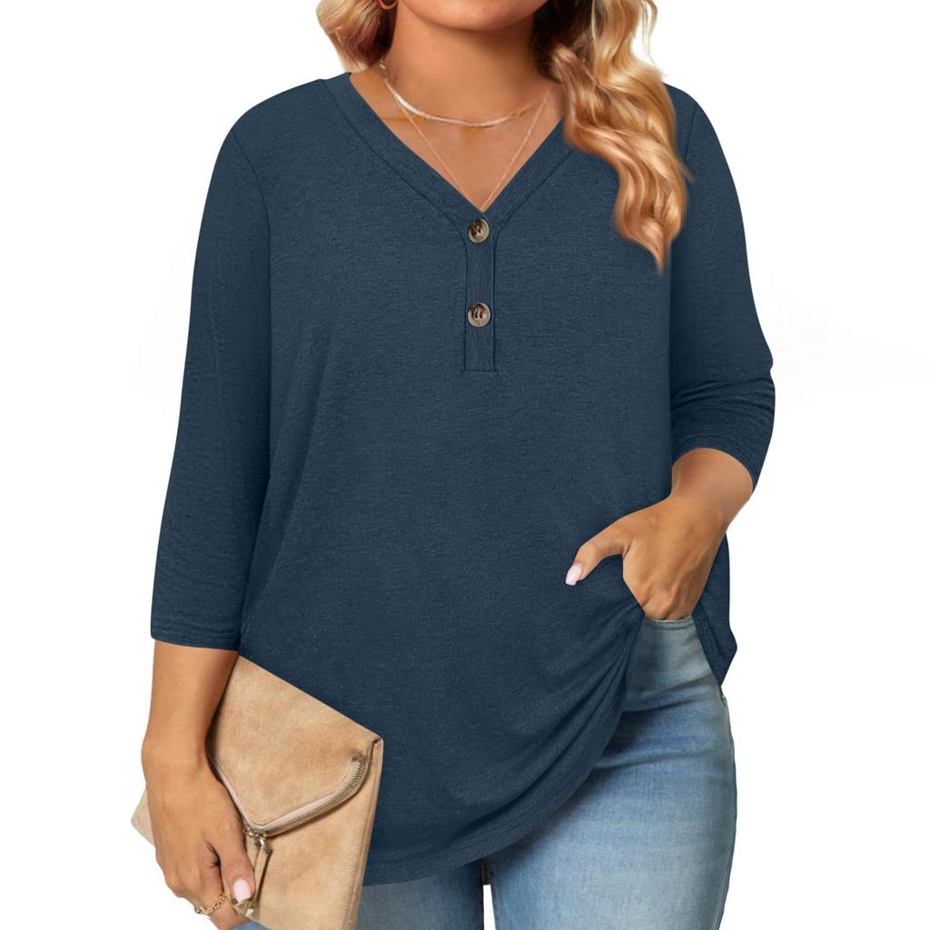 Womens 3/4 Length Sleeve Tops Plus Size Button Down V Neck Shirts Blouses Casual Solid Color Loose