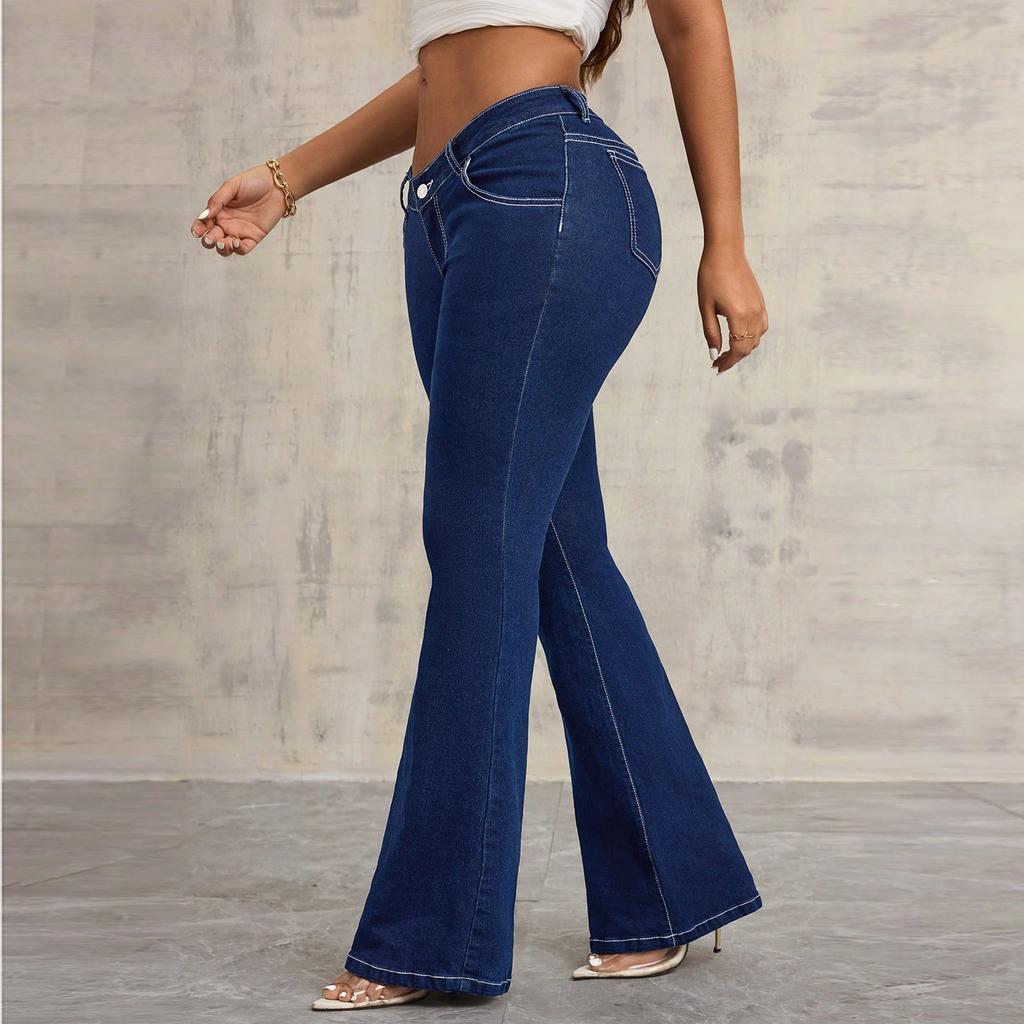 Women's Fashionable Casual Micro Flared With Frayed Edges And Double Button Jeans