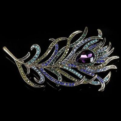 Vintage Pfauenfeder Brosche Anstecknadel Elegant Revers Schal Mantel Strass Kleid Deko Schmuck Accessoire Frauen Geburtstags Schmuck Geschenk