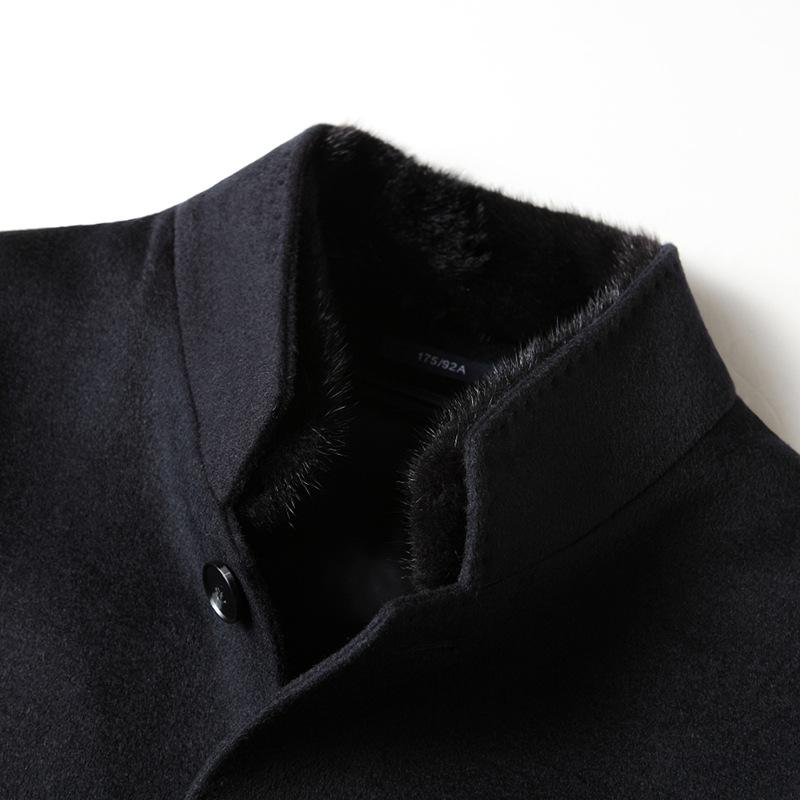 Men's Mulberry Silk Woolen Coat Autumn and Winter Knee Long Mink Hair Stand-up Collar Take-off White Goose Down Liner Business Jacket