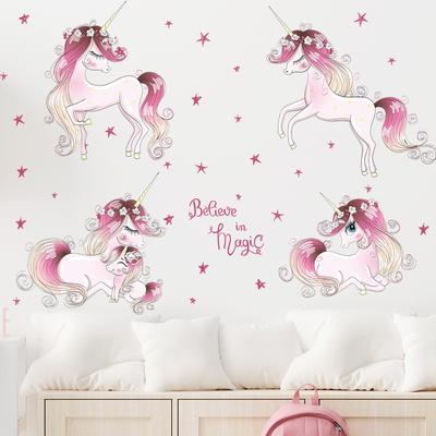 Adesivi murali unicorno rosa cartone animato per ragazze Camera dei bambini Asilo nido Camera da letto per bambini Decorazioni da parete in PVC Decalcomanie rimovibili Decorazione domestica fai da te