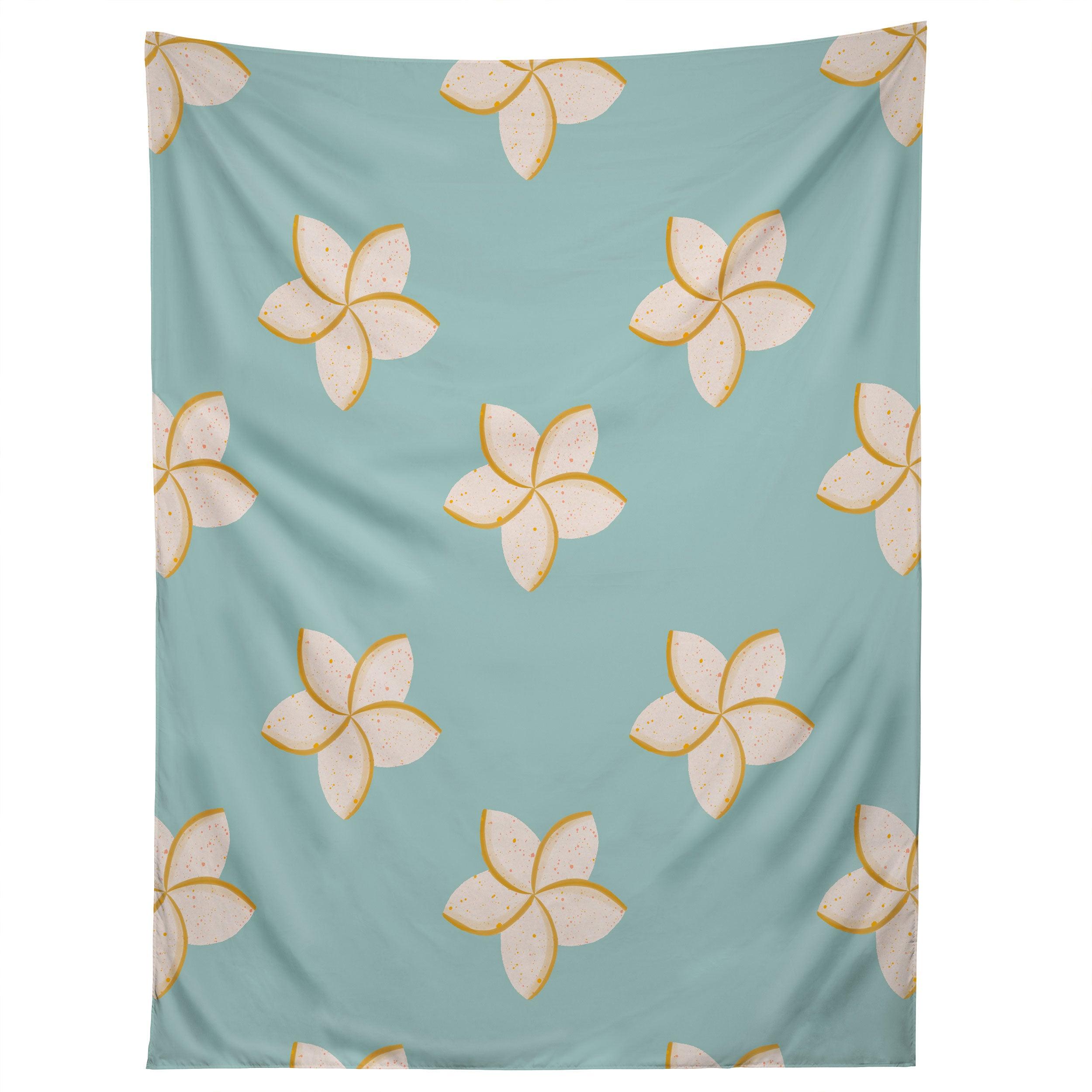 WHITE AND TURQUOISE PLUMERIA tapestry 75x100