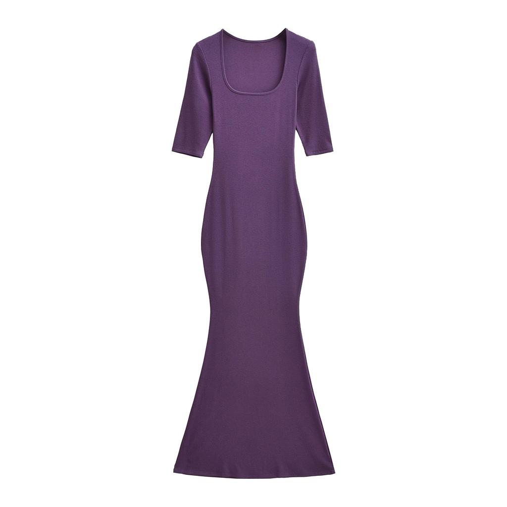 Spicy Girl Slim-Fit Trapezoid Neck Mid-Sleeve Fishtail Dress - Waist-Cinching, Figure-Flattering Skirt