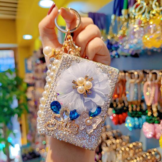 Strass Doppel-Taschenspiegel Schlüsselanhänger Klein Bling Reise Klapp-Kosmetikspiegel Perlenkette Taschenanhänger für Damen Geldbörse Handtasche Geldbörse Zubehör
