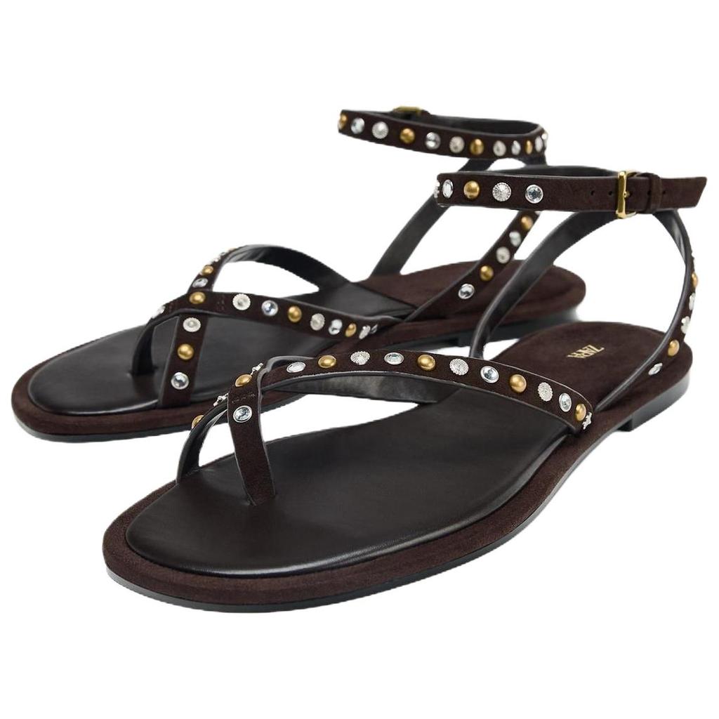 Zara Fashionable Comfortable Beaded Strap Sandals Women Sandals Brown 1614610700