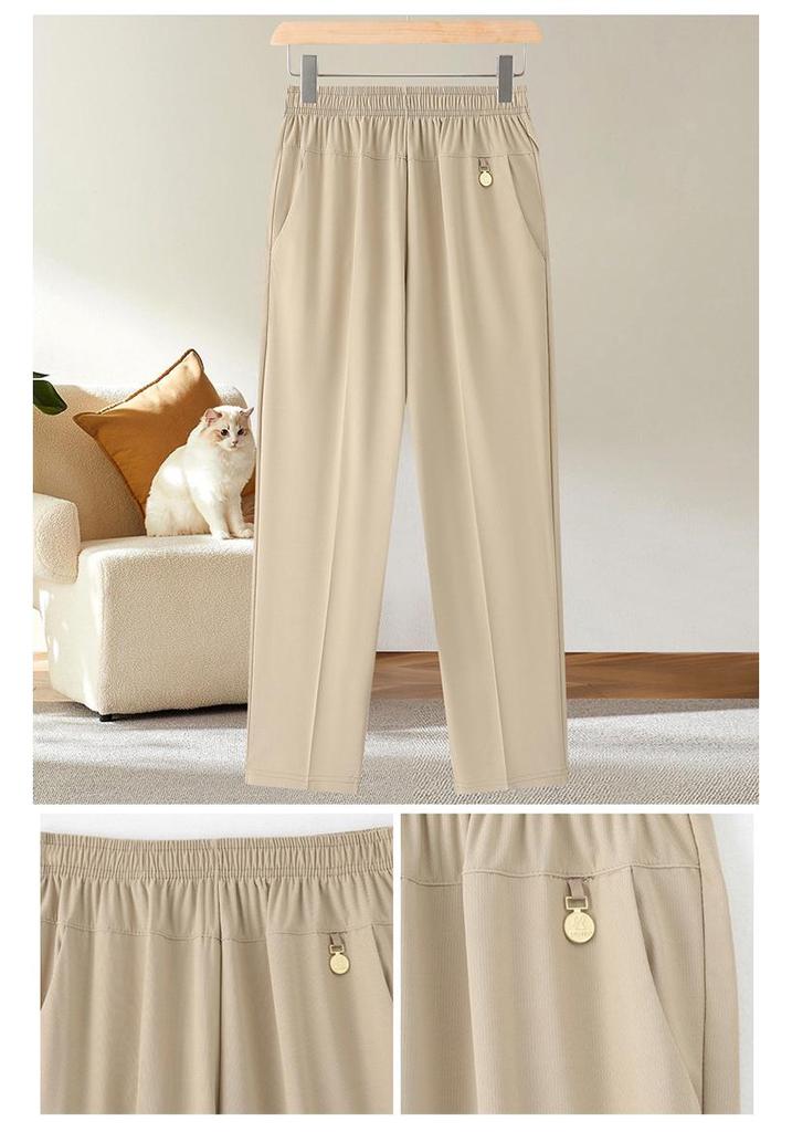 Ice Silk Loose Fit Elastic Pants for Women - Nine-Tenths Length, Summer Style, Ideal for Middle-Aged and Elderly