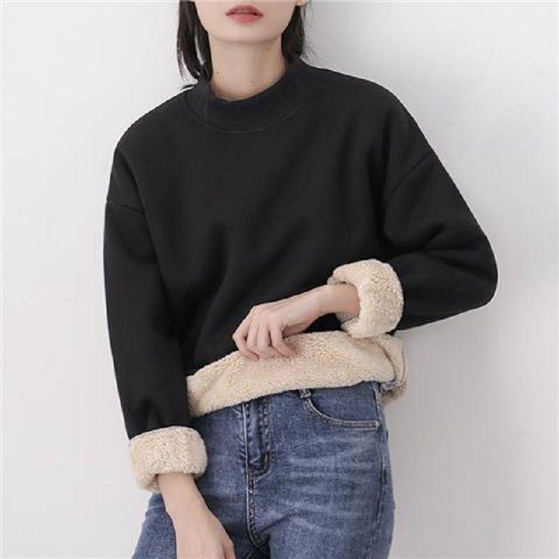 Thick Velvet Sherpa Sweatshirt for Women Autumn and Winter Korean Style Casual Half Turtleneck Loose Top