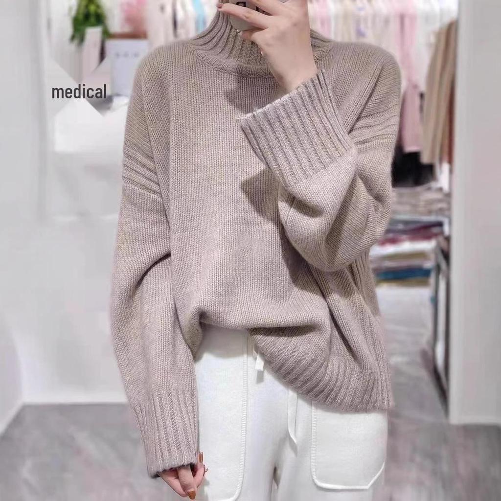 2024 Women's French High Neck Pure Wool Sweater - Autumn/Winter Loose Fit Pullover
