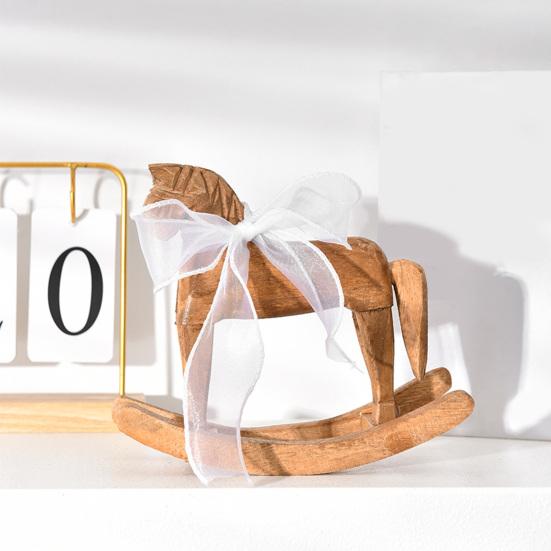 Wood Rocking Horse Figurine with Ribbon Handcrafted Rocking Horse Statue Home Office Living Room Kinetic Desktop Decoration Ornament