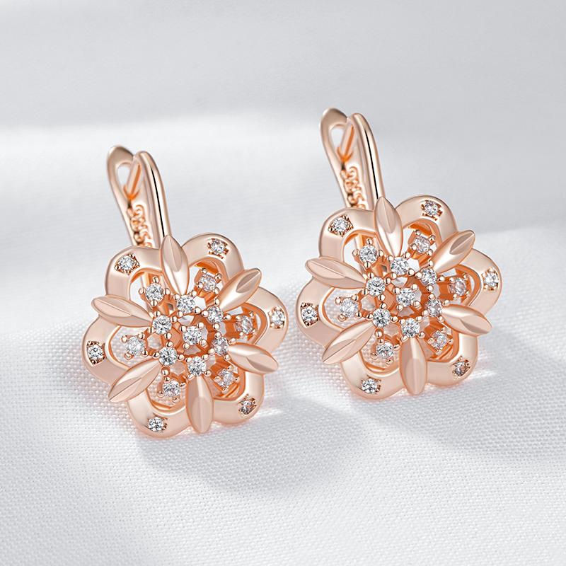 Crystal Flower Ethnic Bride Drop Earrings For Women  Rose Gold Color With Natural Zircon Accessories Daily Jewelry