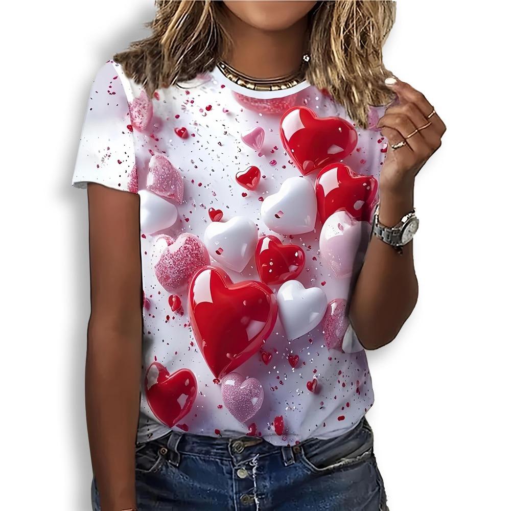 Fashion 3D printed women's T-shirt casual round neck love summer short sleeved top hip-hop fashion women's clothing loose girl T-shirt