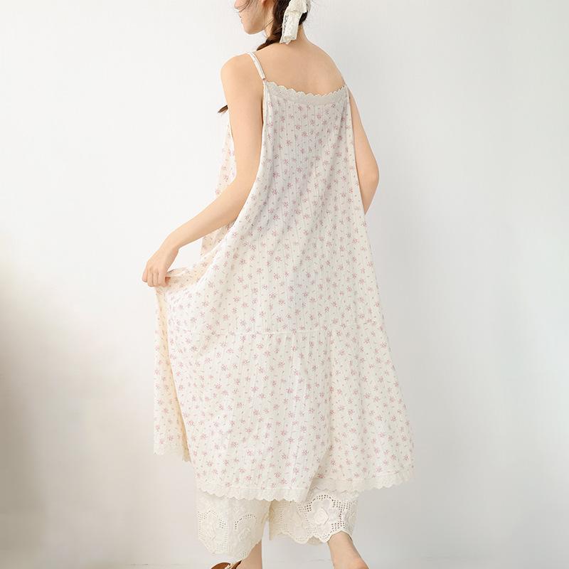 Spring/Summer 2026 Floral Print Spaghetti Strap Midi Dress - Sweet Mori Style with Lace Patchwork