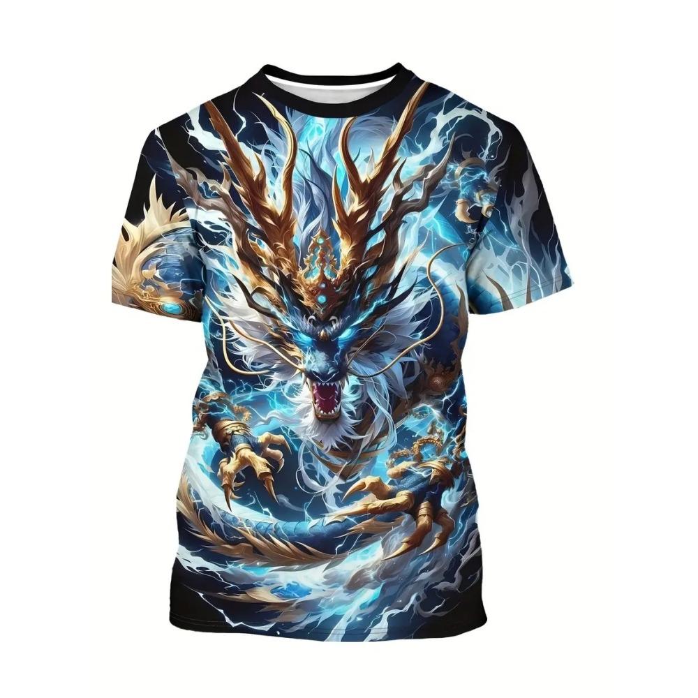Men's T-shirt Dragon Print T-Shirt Stylish Streetwear Crew Neck T-shirt Outdoor Casual Plus Size Tees Top Women Clothing