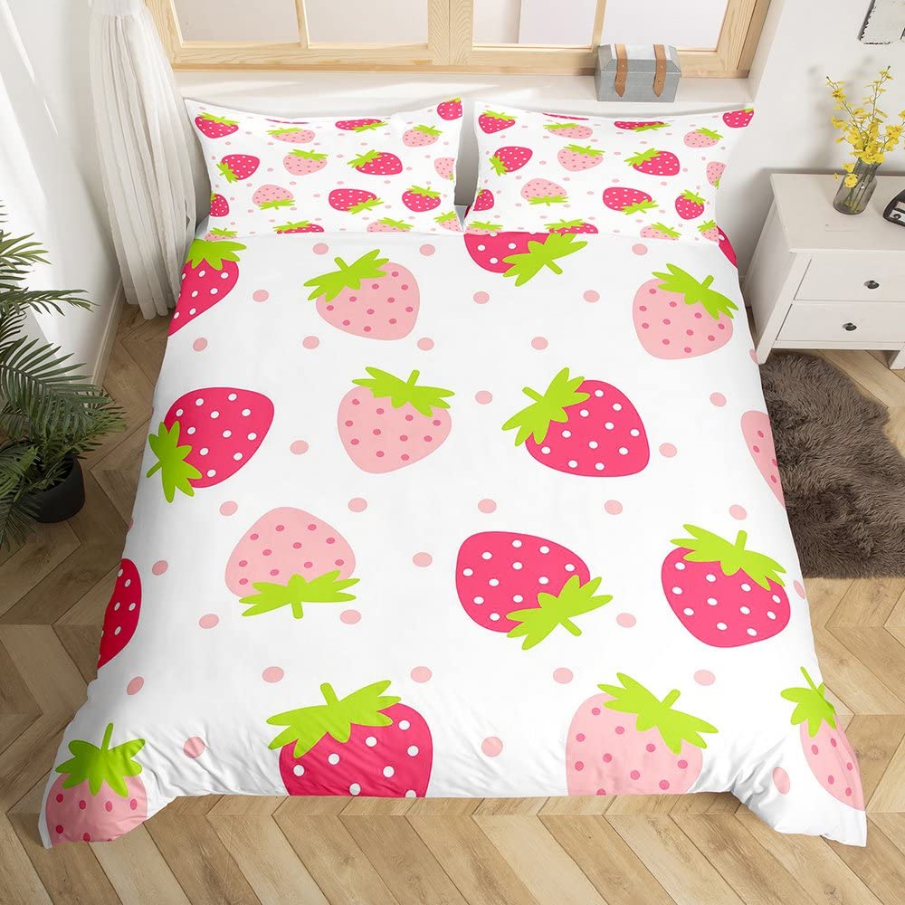Strawberry Duvet Cover Full Size Comforter Cover Cute Strawberry Pattern Pink Decor Bedding Set for Kids Boys Girls Adults 3Pcs