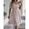2026 Spring/Summer New Floral Print Square Neck Short Sleeve Waist-Cinching Ruffle Hem Women's A-Line Dress