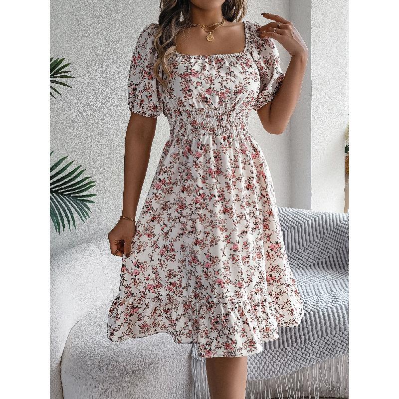 2026 Spring/Summer New Floral Print Square Neck Short Sleeve Waist-Cinching Ruffle Hem Women's A-Line Dress