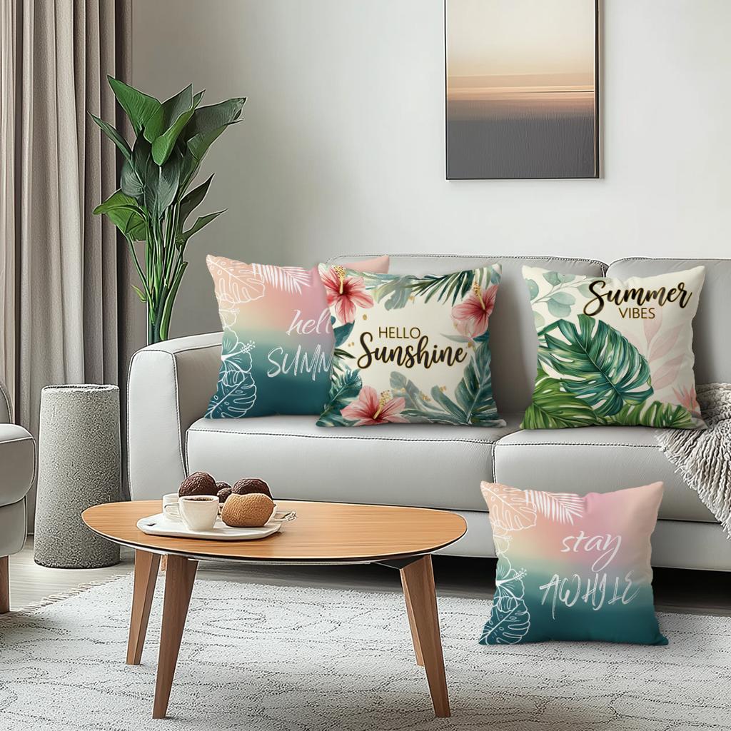 4pcs/setGreen and Pink Hawaiian Theme Cushions Pillowcase Polyester Cushion Cover Throw Pillow Pillowcover Home Car Sofa Decor