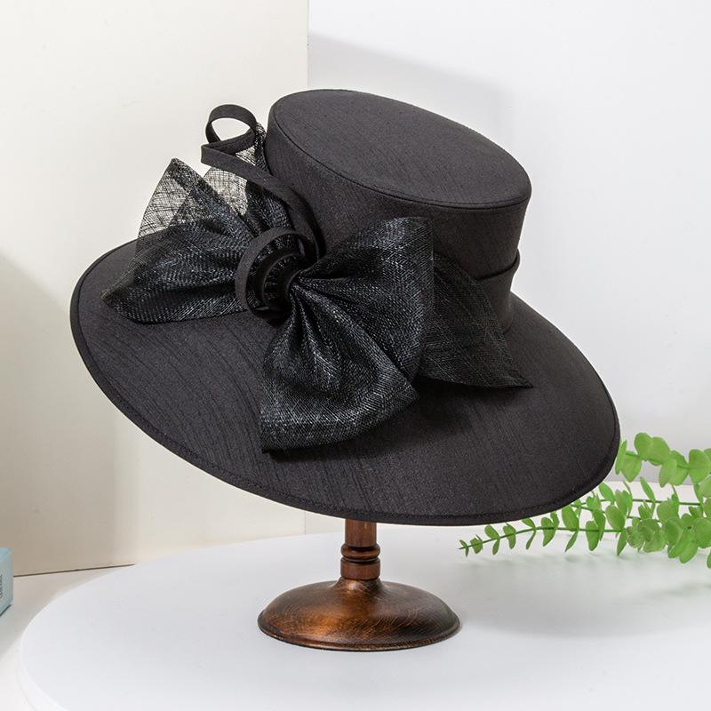 

Elegant Wide Brim Black Hats For Women Big Bow Formal Occasion Kentucky Cap Lady Wedding Cocktail Party Flat Top Fedoras 2025 56-58CM чорний